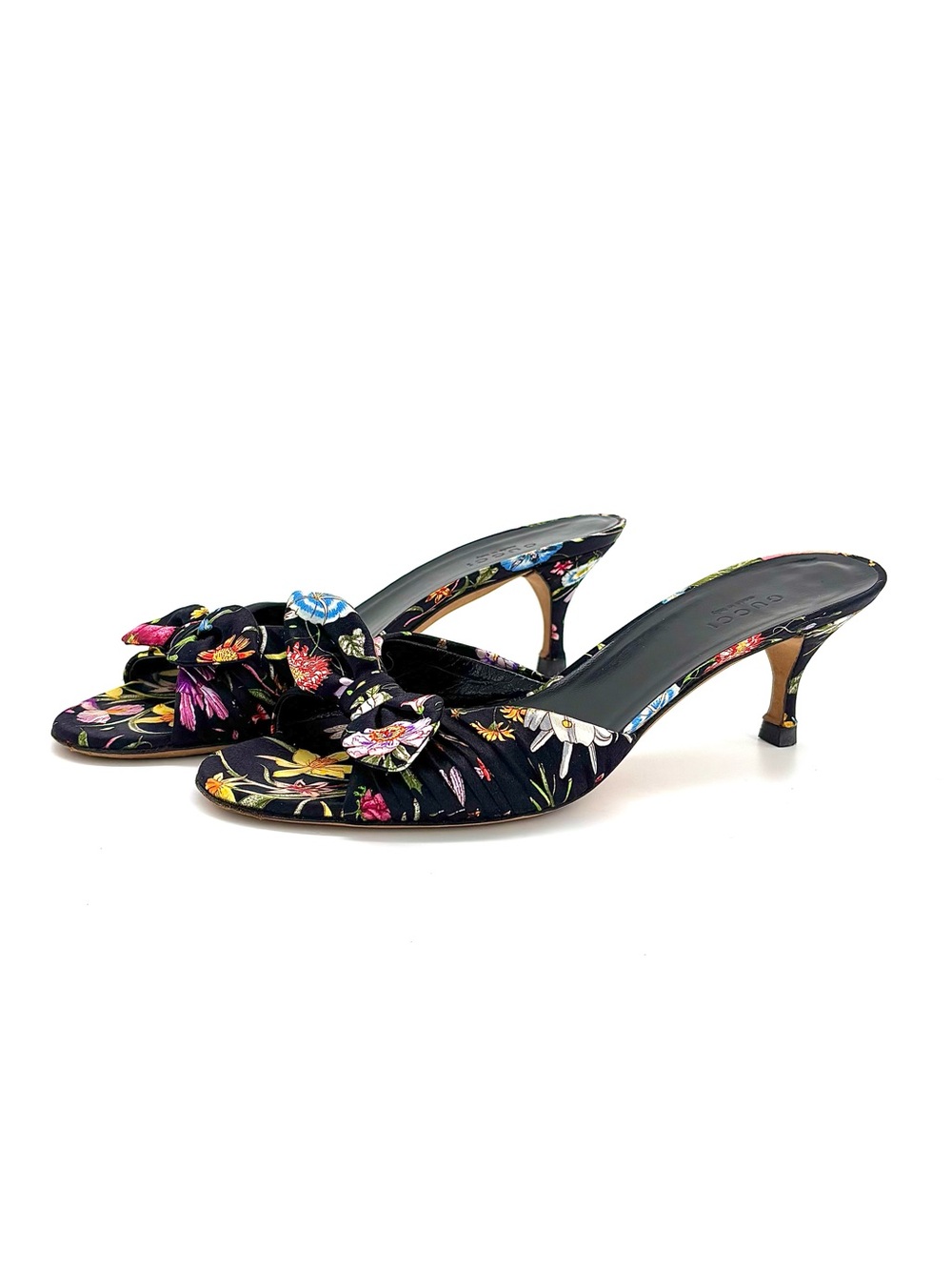 Vintage Gucci Flora Bow Slip On Kitten Heeled Mules Sandals 36.5